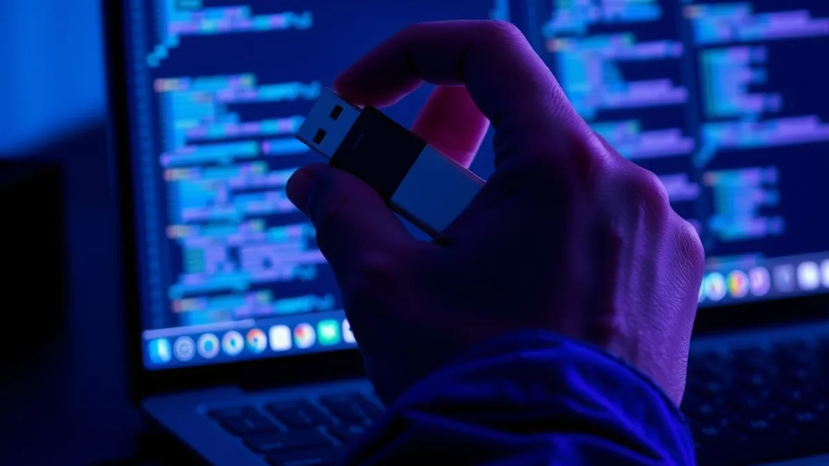קרוב של יד שומר ביטחון מחזיק כונן USB פורנזי מול מחשב המציג יומני רשת